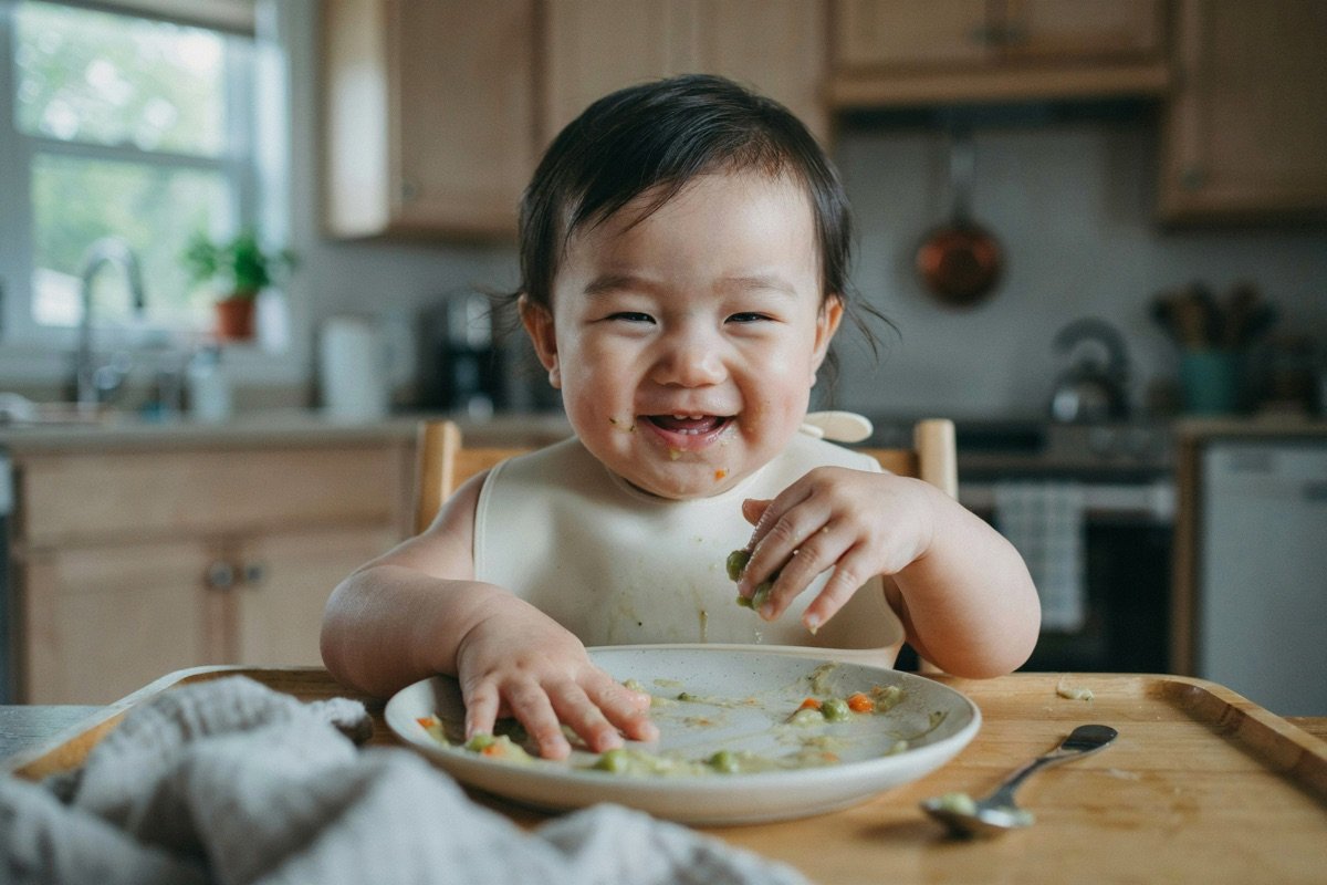 Bébé de 9 mois qui explore son repas avec les mains, visage souriant couvert de purée