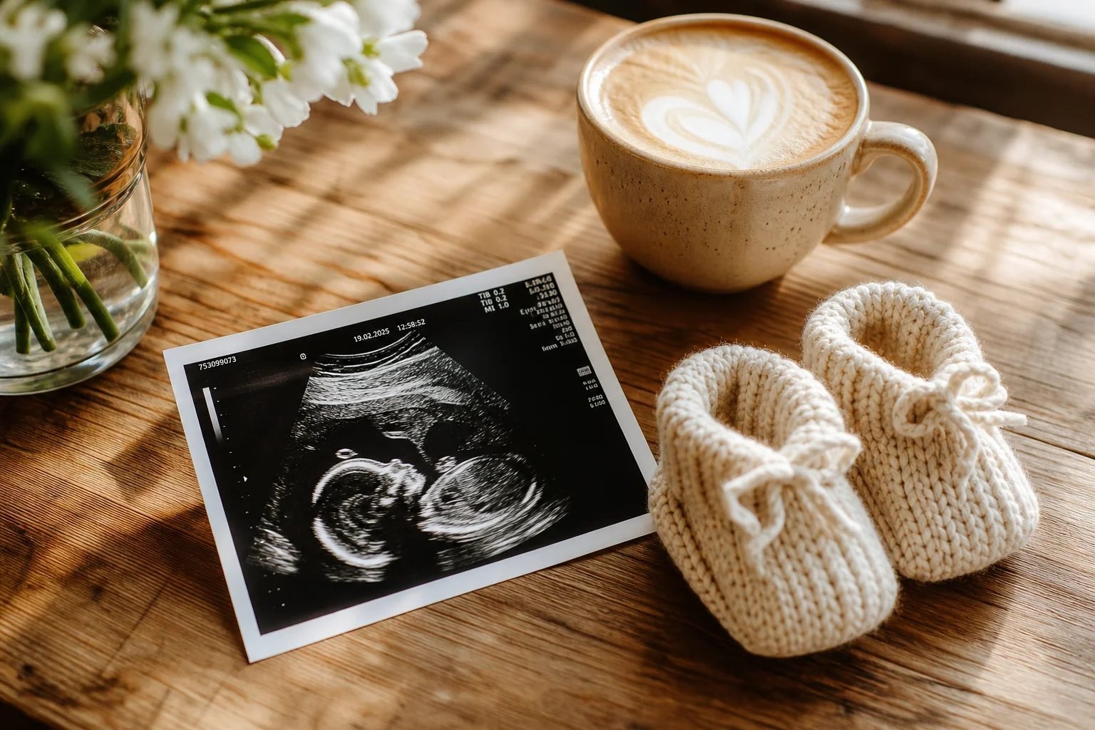 Photo d'échographie posée sur une table en bois à côté de chaussons tricotés, d'un cappuccino et d'un bouquet de fleurs blanches