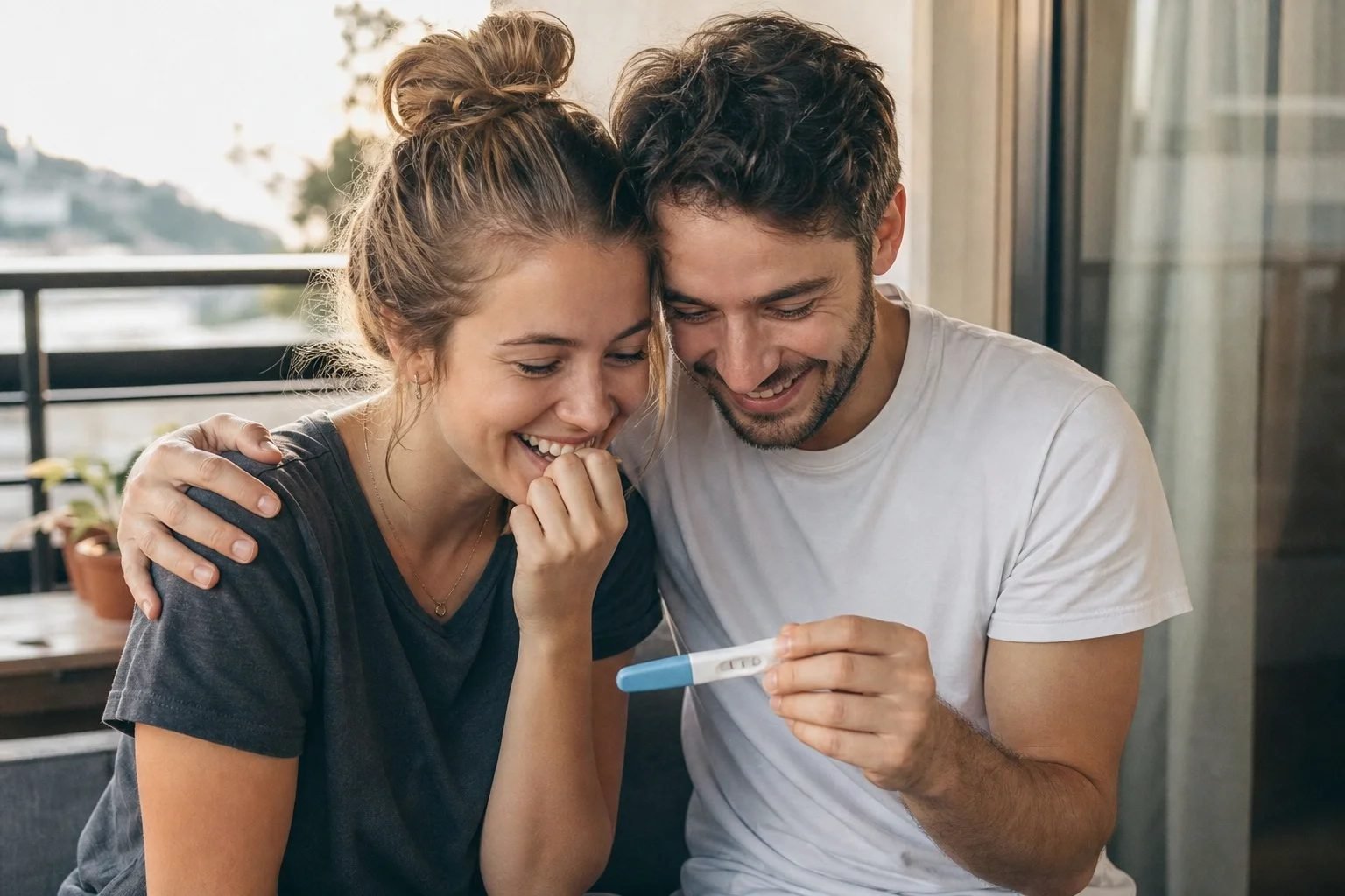 Couple souriant sur un balcon, découvrant ensemble le résultat d'un test de grossesse