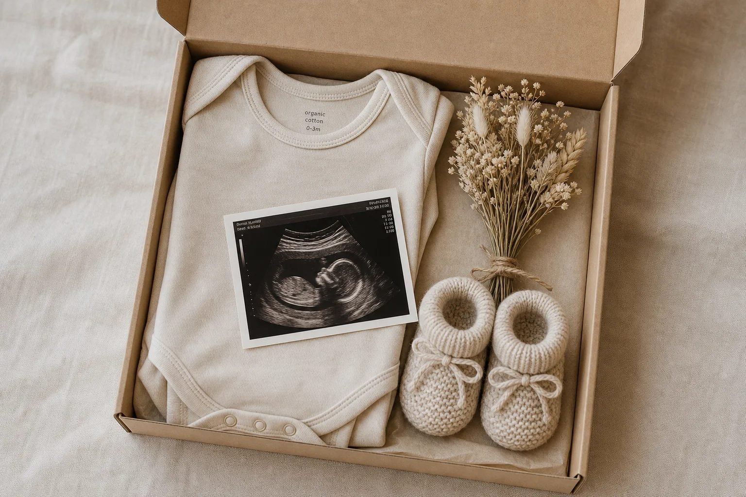 Boîte cadeau contenant un body blanc, une photo d'échographie, des chaussons tricotés et un bouquet de fleurs séchées