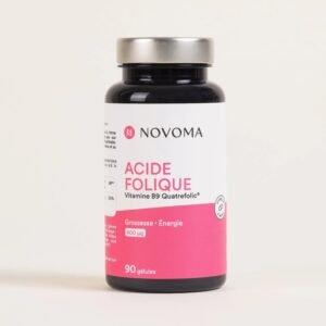 Flacon en verre foncé Novoma, acide folique vitamine B9 Quatrefolic 400 µg, 90 gélules