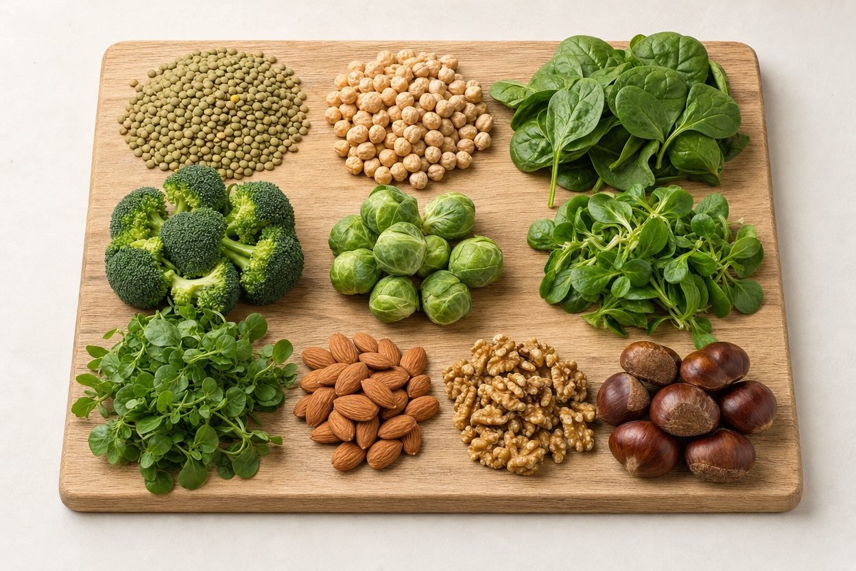 Planche en bois présentant lentilles, pois chiches, épinards, brocolis, choux de Bruxelles, mâche, cresson, amandes, noix et châtaignes