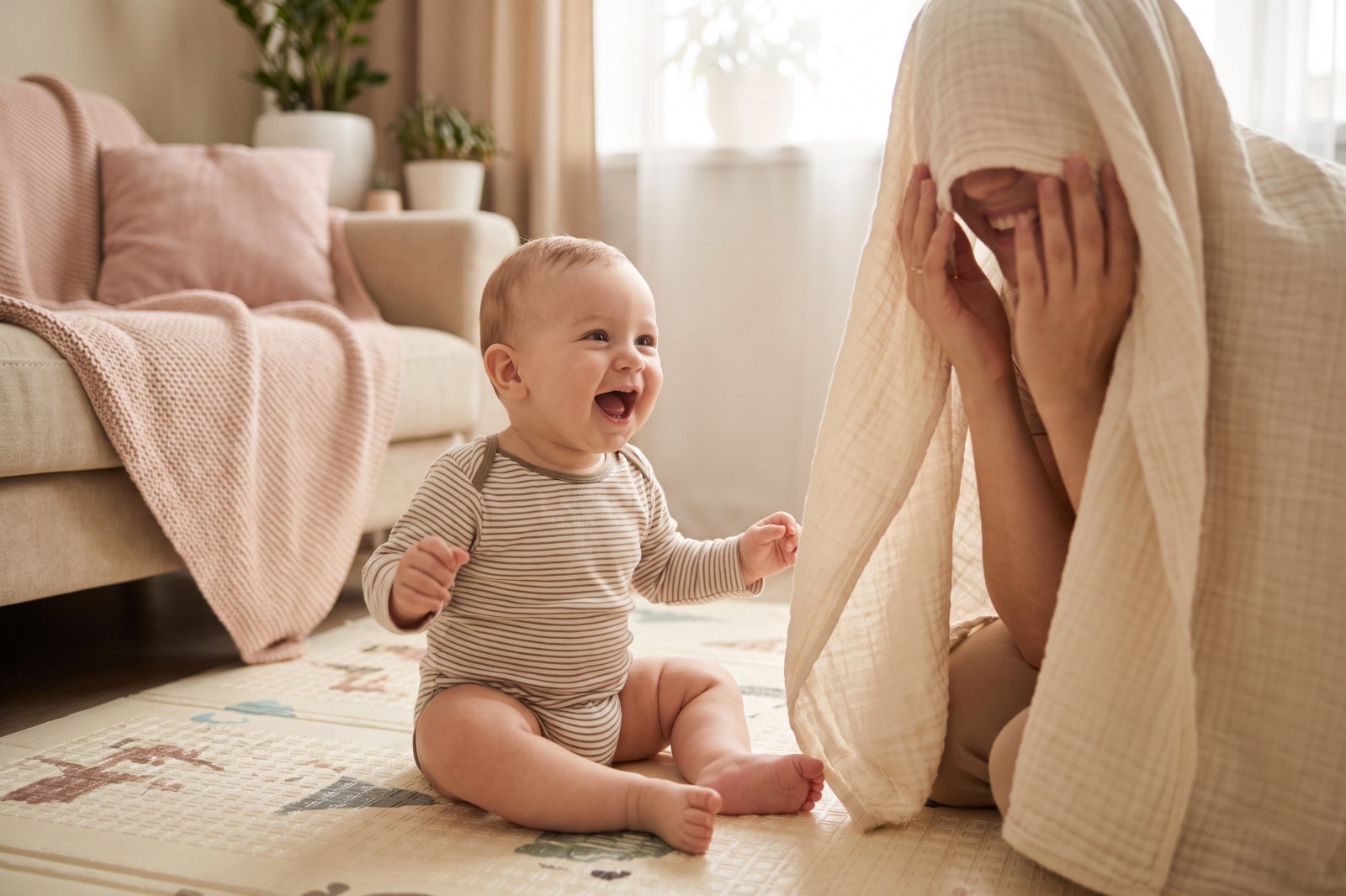 Bébé assis sur un tapis d'éveil qui éclate de rire pendant que sa maman joue à coucou-caché sous un lange