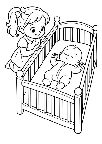 Dessin gratuit à imprimer : une petite fille regarde le bébé qui dort dans son lit
