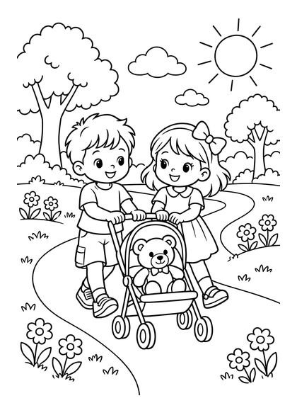 Coloriage d'un frère et d'une sœur qui poussent une poussette avec un ours en peluche dans un parc