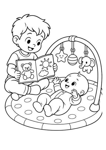 Coloriage d'un petit garçon qui lit un livre au bébé allongé sous une arche d'éveil