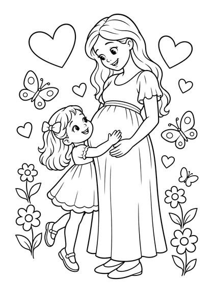 Coloriage d'une petite fille qui fait un câlin au ventre de sa maman enceinte