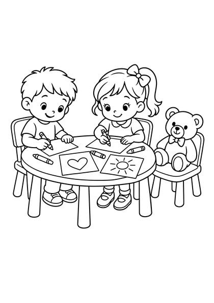 Coloriage d'un frère et d'une sœur qui dessinent pour le bébé à une petite table
