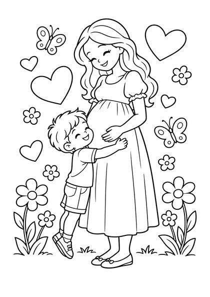Coloriage d'un petit garçon qui fait un câlin au ventre de sa maman enceinte