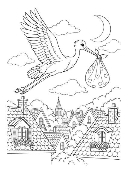 Coloriage d'une cigogne qui porte un baluchon au-dessus des toits