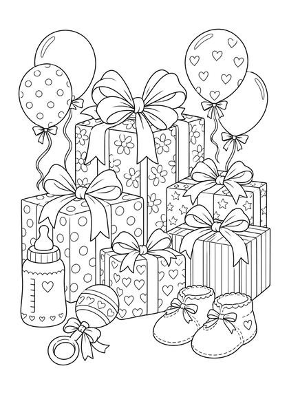 Coloriage d'une pile de cadeaux avec ballons, biberon, hochet et chaussons