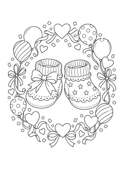 Coloriage d'une paire de chaussons de bébé entourée d'une couronne de ballons et de cœurs