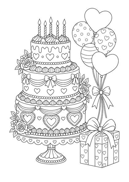 Coloriage d'un grand gâteau à étages décoré de cœurs, avec ballons et cadeau