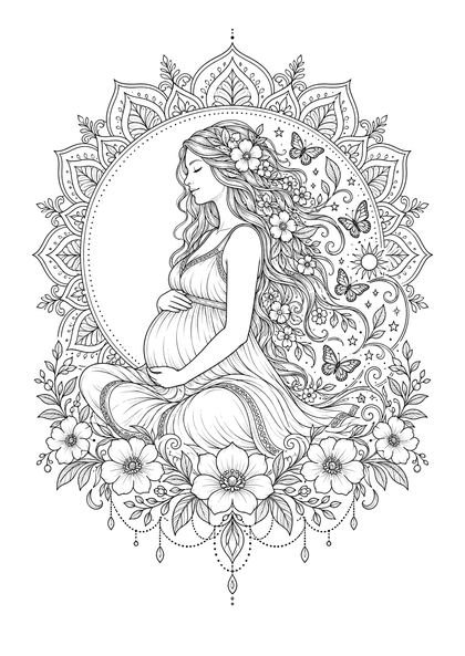 Coloriage pour adulte d'une future maman assise dans un mandala fleuri