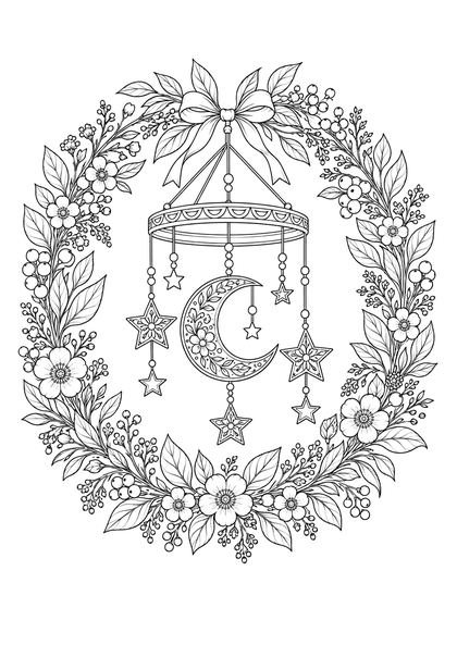 Coloriage pour adulte d'un mobile lune et étoiles dans une couronne de fleurs