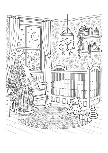 Coloriage pour adulte d'une chambre de bébé avec fauteuil à bascule et lit