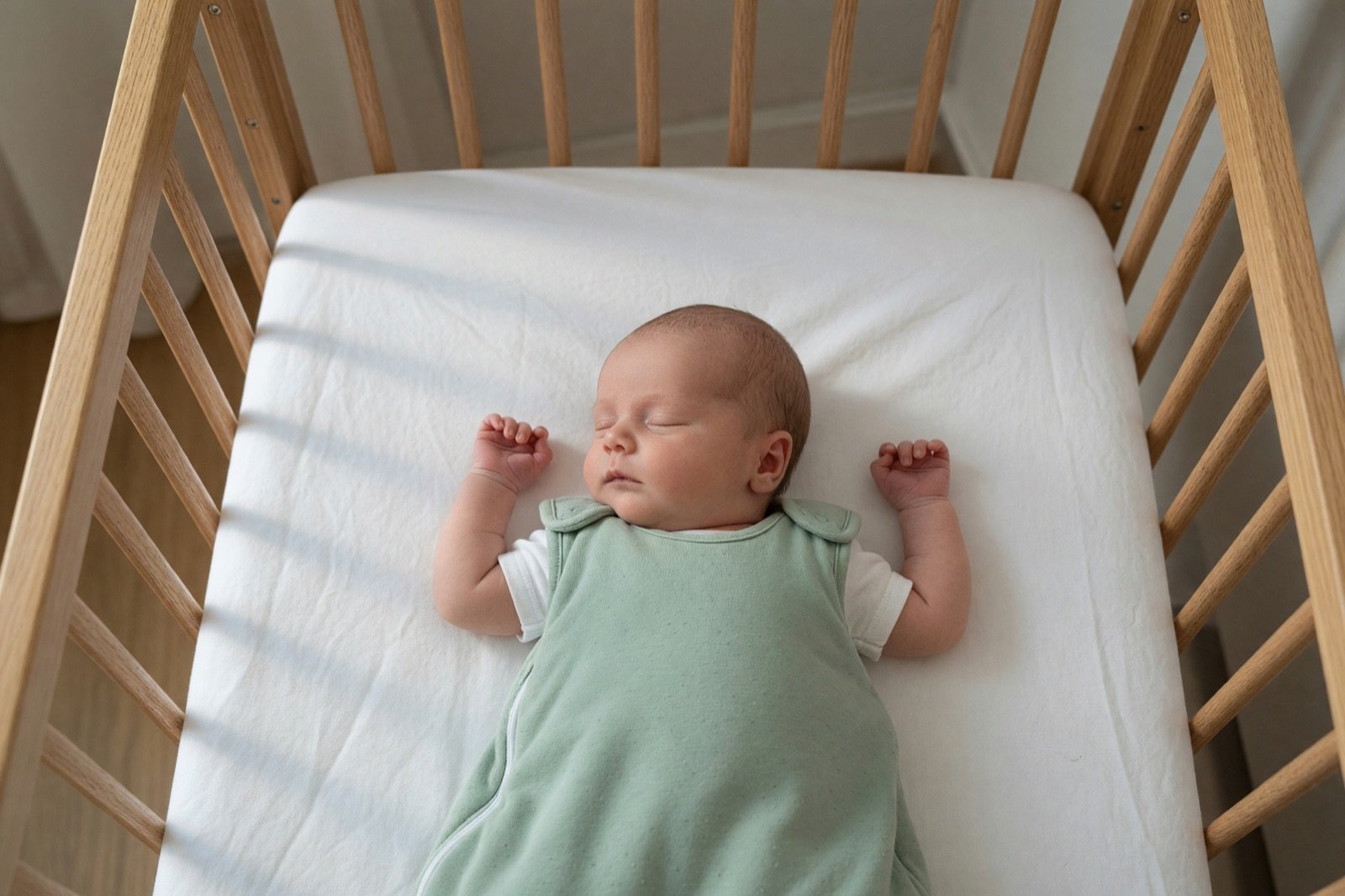 Bébé endormi sur le dos en gigoteuse dans un lit à barreaux sans couette ni tour de lit