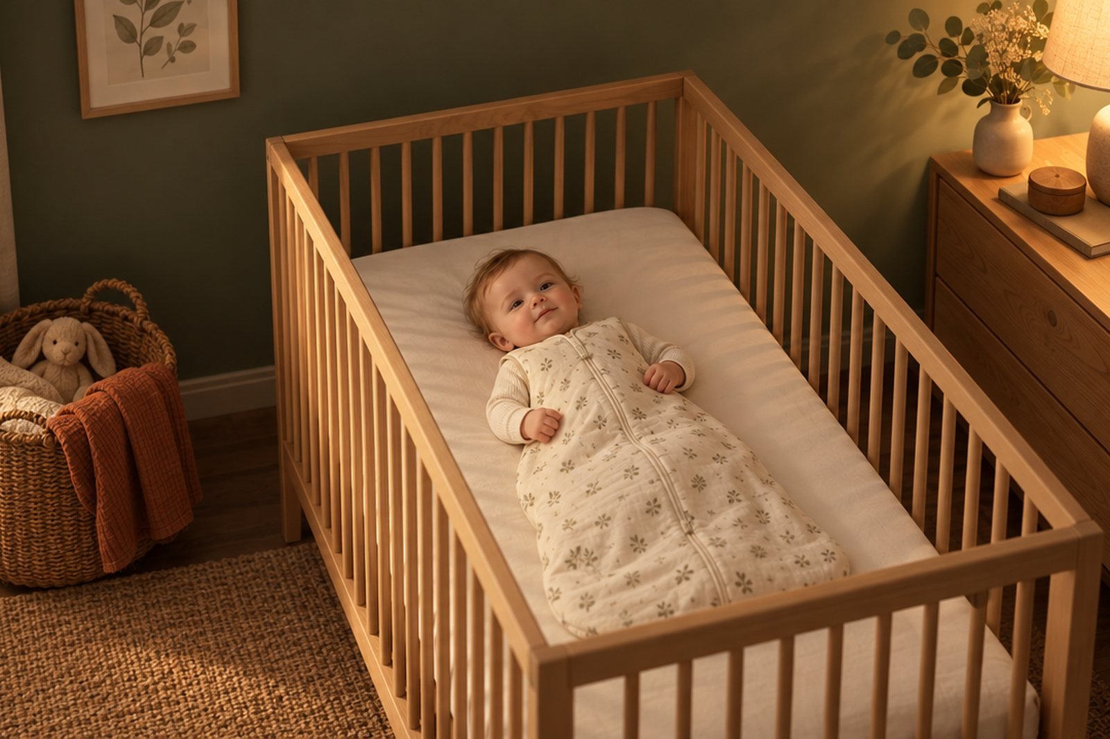 Bébé couché sur le dos dans une gigoteuse, seul dans son lit à barreaux, sans biberon