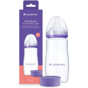 75530 - 1 Biberon Lansinoh NaturalWave 330 ml avec sa tétine, posé à côté de sa boîte violette