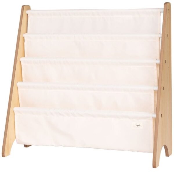 bm-bibliothequeUniCreme Bibliothèque enfant à quatre pochettes en tissu crème uni, structure en bois clair