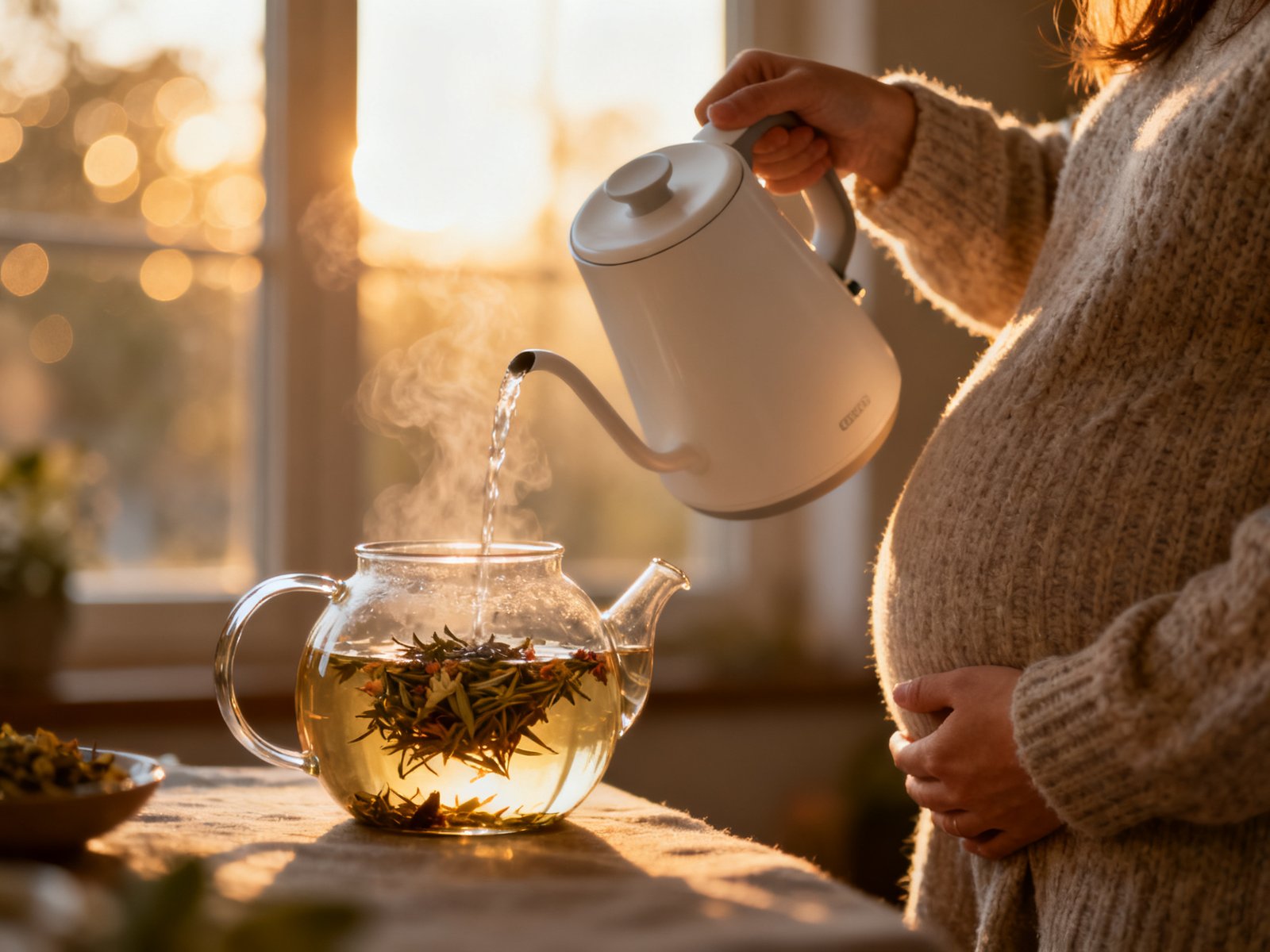 Femme enceinte préparant une infusion de plantes dans une théière en verre avec de l'eau chaude