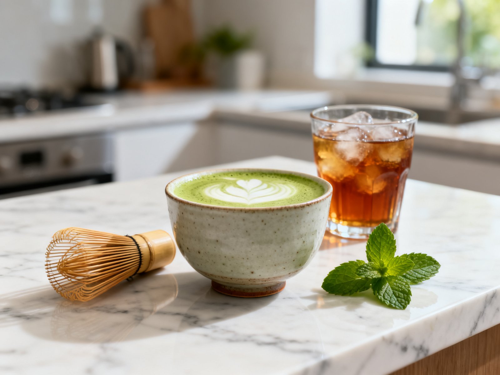 Matcha latte et thé glacé posés sur un comptoir de cuisine avec un fouet en bambou