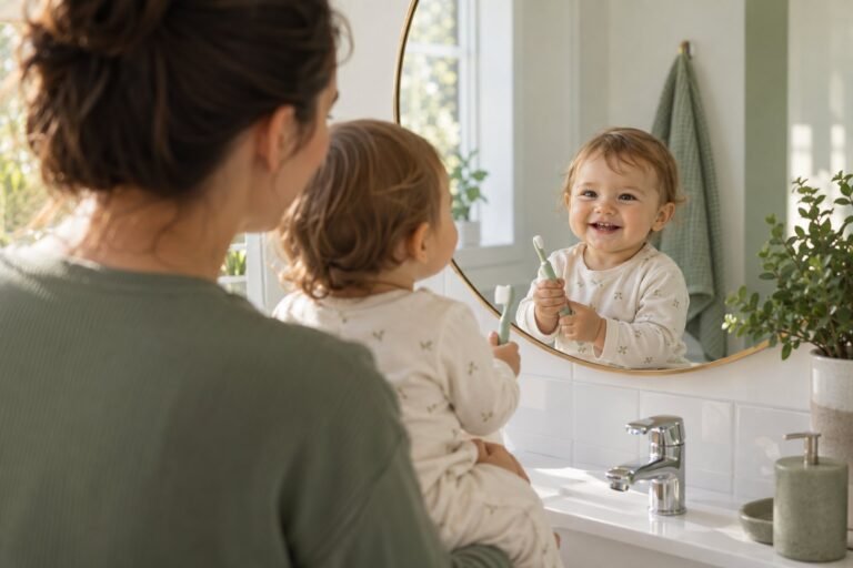Brossage des dents de bébé devant le miroir : maman porte son bébé, souriant, brosse à dents à la main