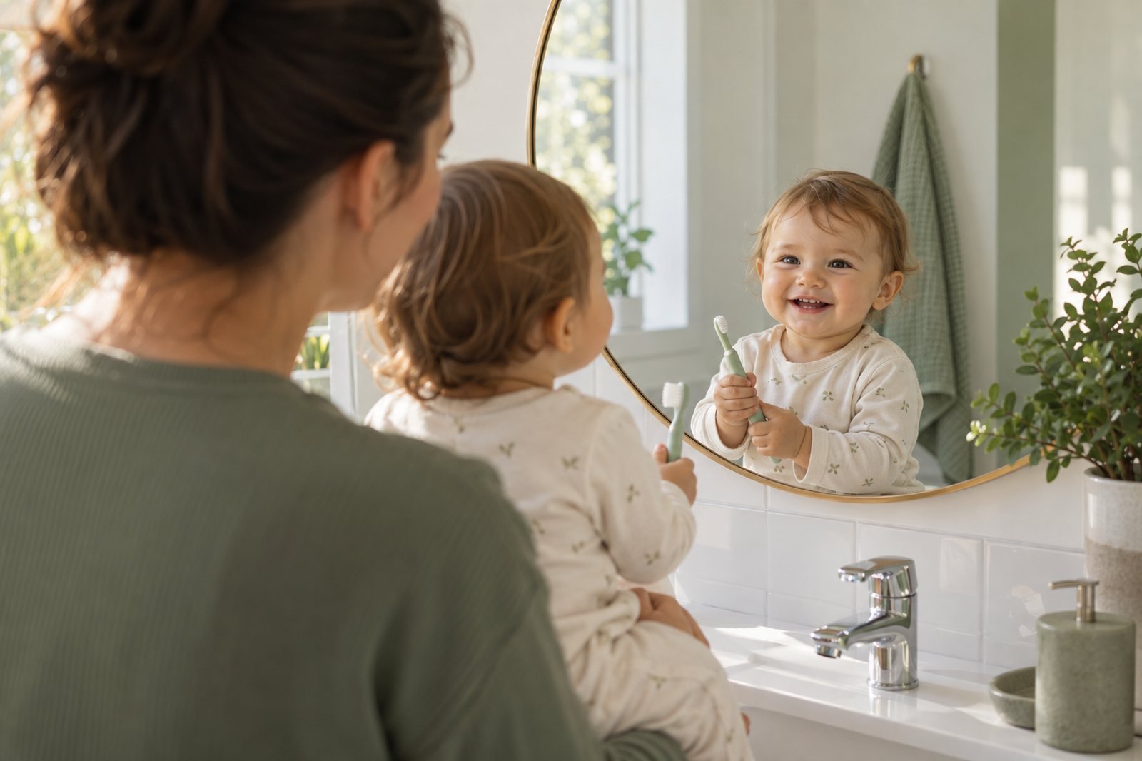 Brossage des dents de bébé devant le miroir : maman porte son bébé, souriant, brosse à dents à la main