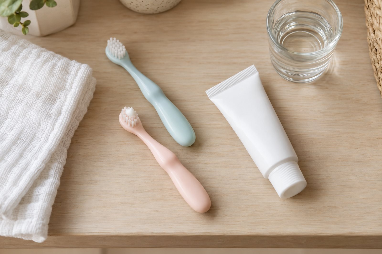 Deux petites brosses à dents souples, dont une avec un peu de dentifrice, à côté d'un tube et d'un verre d'eau