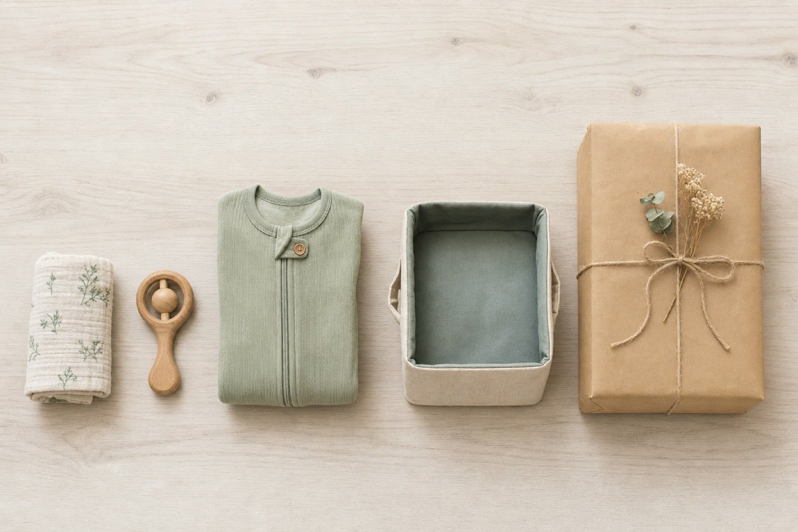 Cadeaux de naissance de trois budgets différents alignés sur une table en bois