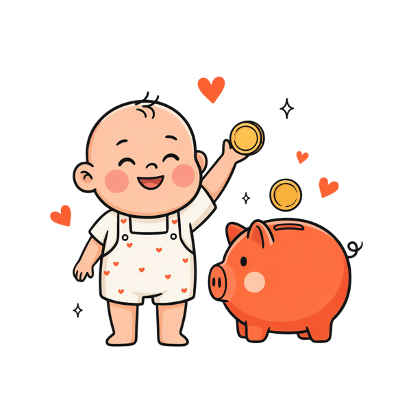 Illustration d'une cagnotte de naissance : un bébé glisse une pièce dans une tirelire