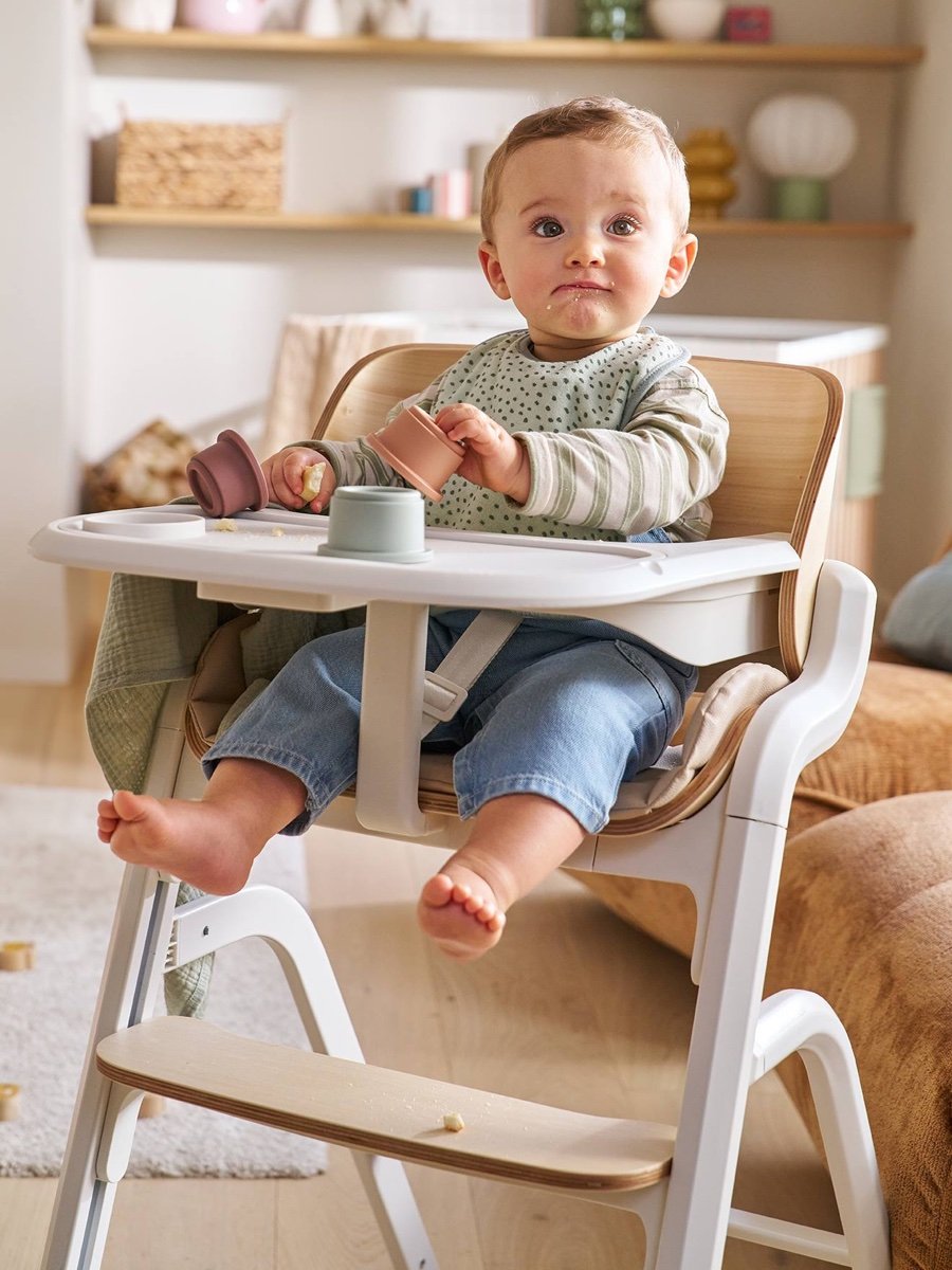 Chaise haute évolutive Woodynest Vertbaudet, beige, avec transat et babyset