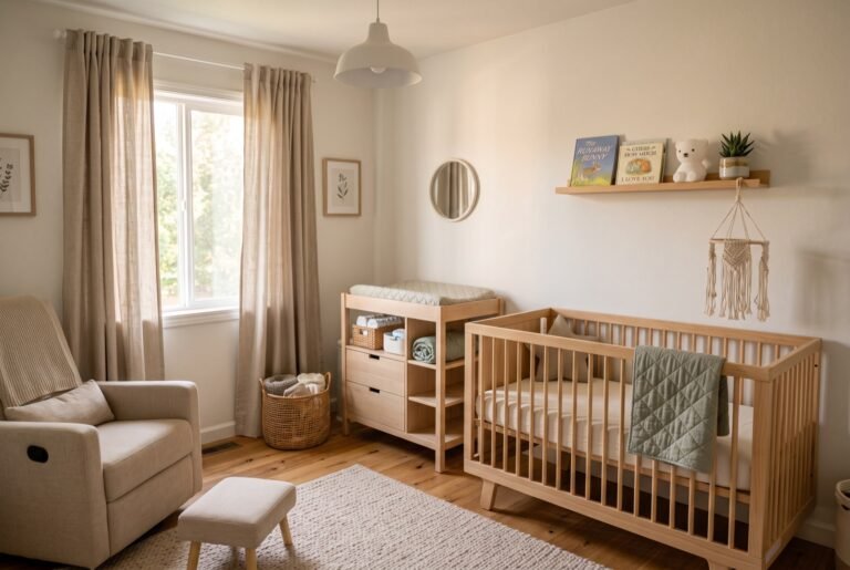 Comment aménager la chambre de bébé : chambre complète style scandinave chaleureux avec lit à barreaux, table à langer et rangements