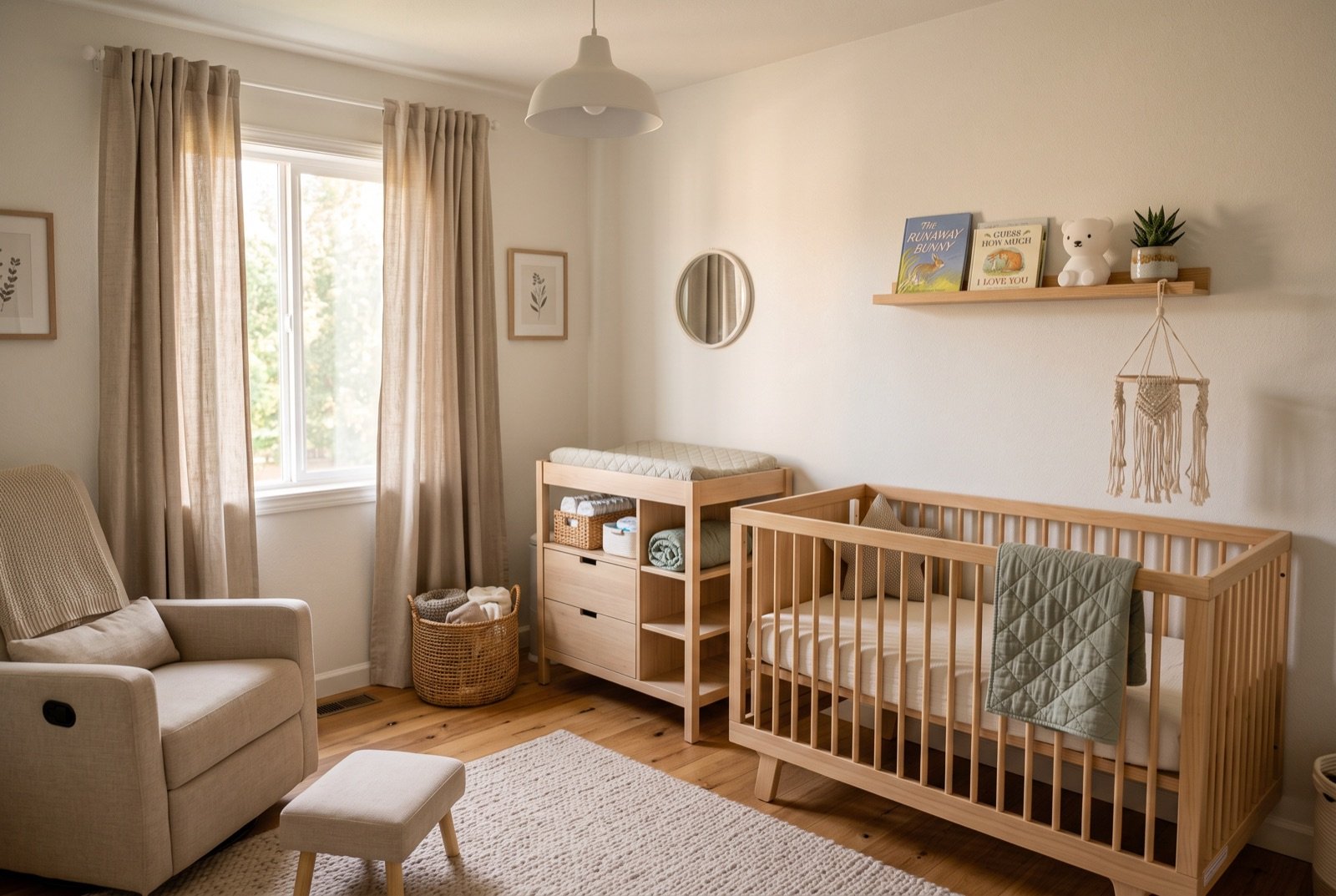 Comment aménager la chambre de bébé : chambre complète style scandinave chaleureux avec lit à barreaux, table à langer et rangements