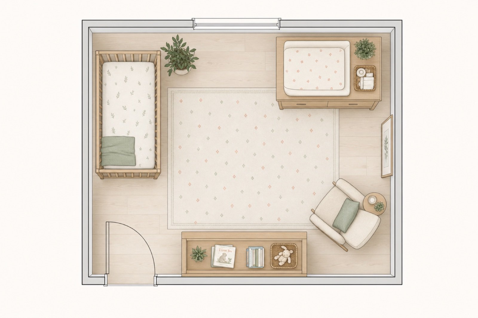 Plan d'aménagement d'une chambre de bébé vu du dessus avec lit, table à langer, porte et fenêtre