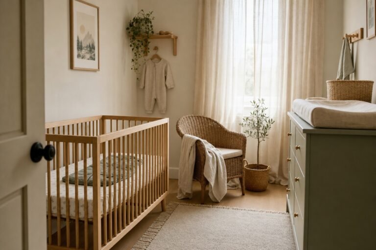 Chambre de bébé prête avant la naissance avec lit à barreaux, commode et fauteuil