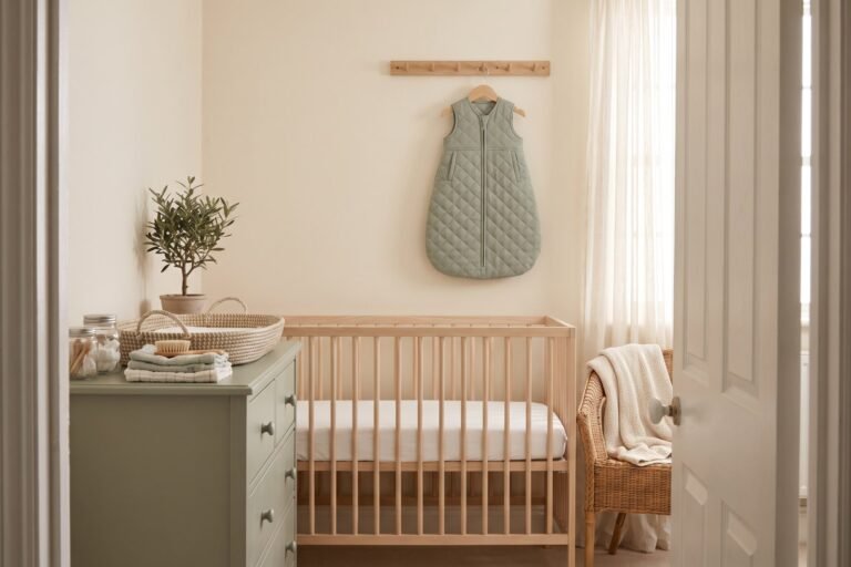 Chambre de bébé prête vue depuis la porte : lit à barreaux vide avec seulement un drap-housse, gigoteuse suspendue au mur, commode verte et fauteuil en osier