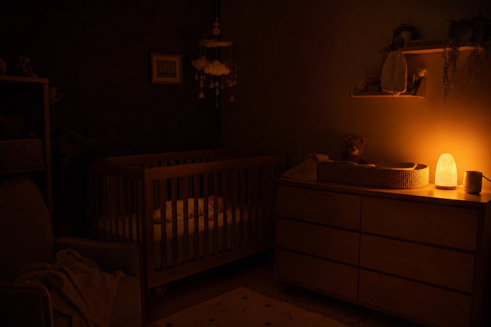 Veilleuse lumière chaude et pénombre dans une chambre de bébé la nuit