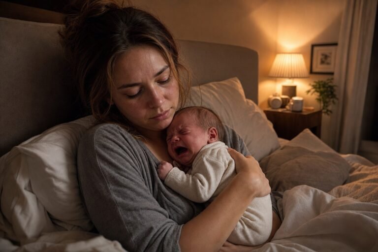 Mère épuisée mais aimante réconfortant son nourrisson qui pleure à cause des coliques, la nuit