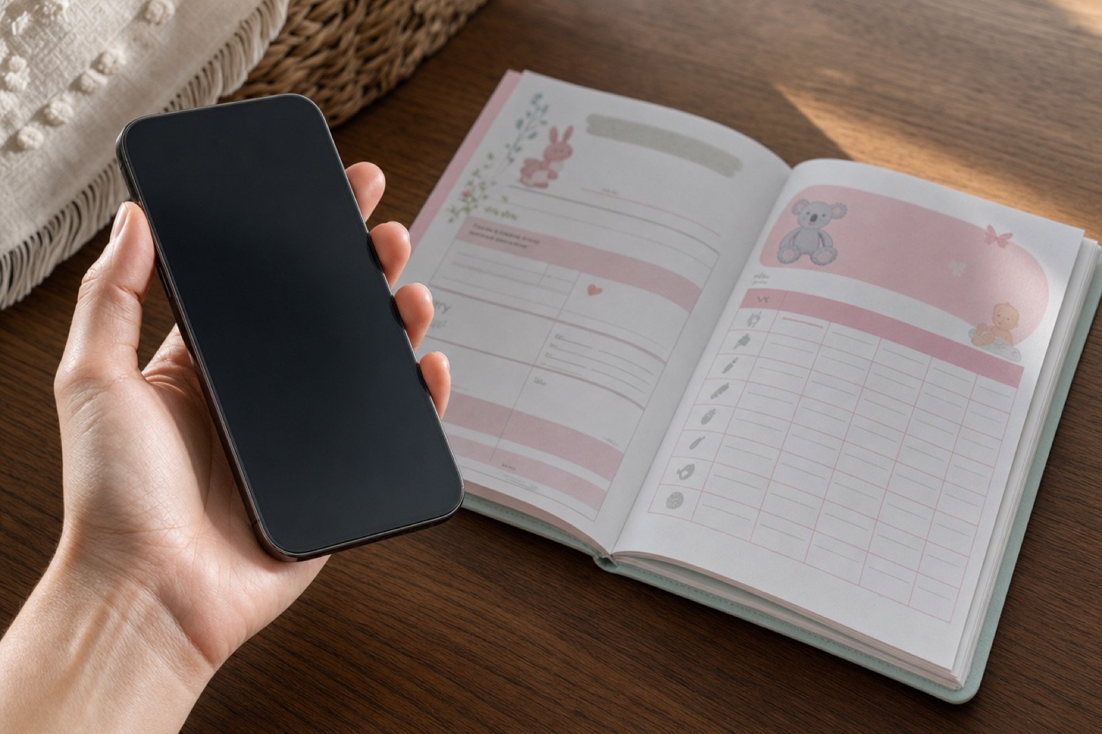 Carnet de santé de bébé et téléphone pour savoir quand appeler le médecin en cas de coliques