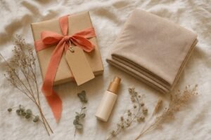 Cadeau de naissance original emballé avec écharpe de portage et soin, idée cadeau naissance