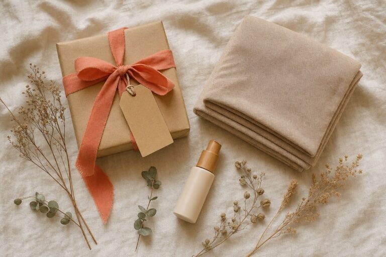 Cadeau de naissance original emballé avec écharpe de portage et soin, idée cadeau naissance