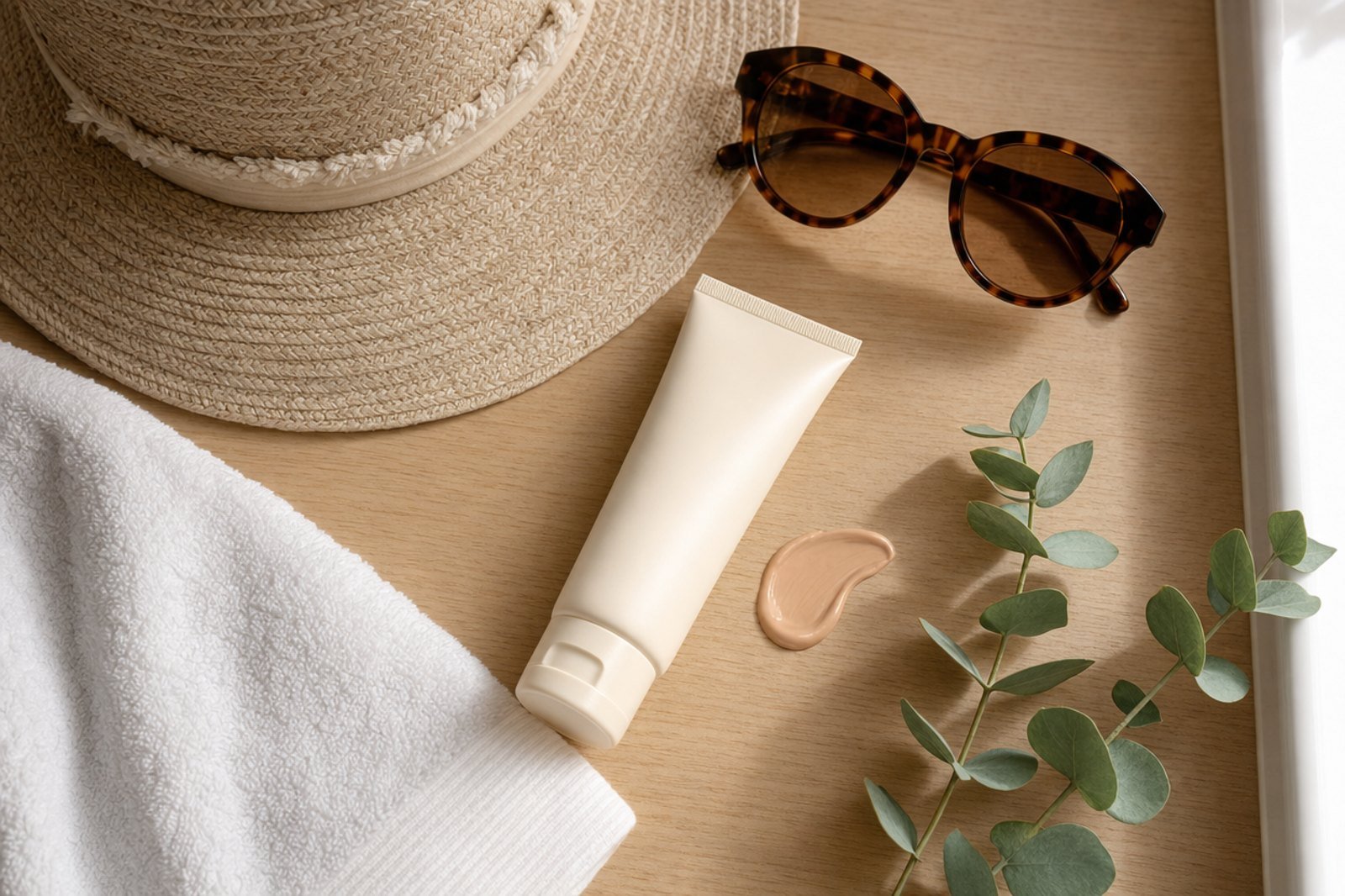 Tube de crème solaire teintée sans marque avec une noisette de crème, un chapeau de paille, des lunettes de soleil et une serviette