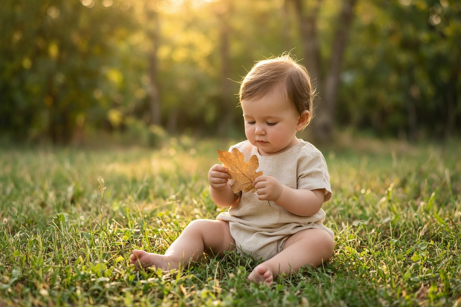 Bébé d'environ 10 mois assis dans l'herbe qui observe une feuille d'automne tenue à deux mains, lumière de fin de journée