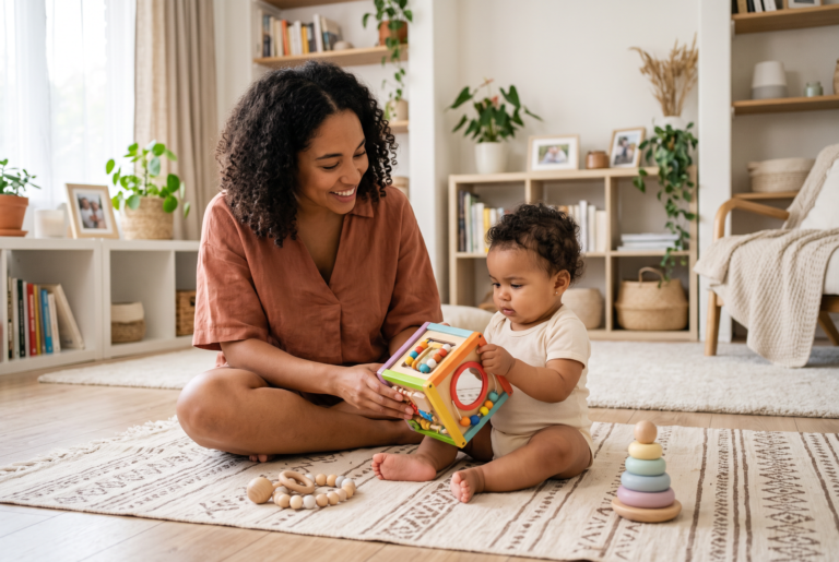 Jouets d'éveil essentiels : une maman jouant avec son bébé assis sur un tapis, cube d'activités en bois