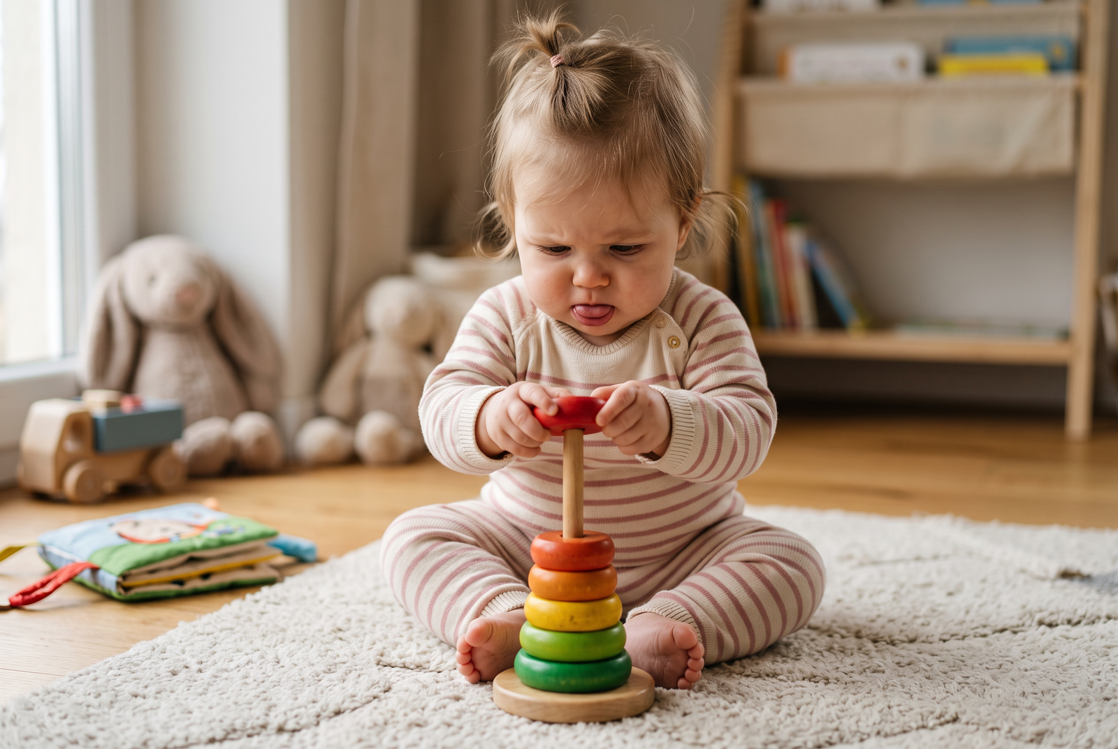 Bébé de 9 mois empilant des anneaux en bois colorés, expression concentrée, jeu de logique spatiale