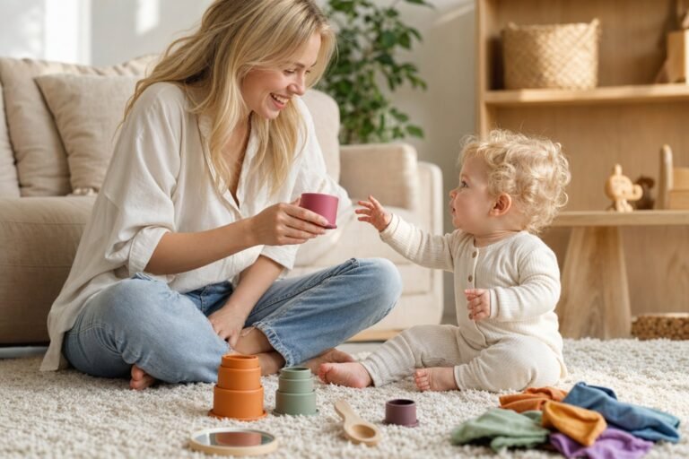 Maman assise en tailleur sur un tapis, tendant un gobelet à son bébé qui avance la main, entourés de gobelets empilables, d'un petit miroir et de carrés de tissu colorés