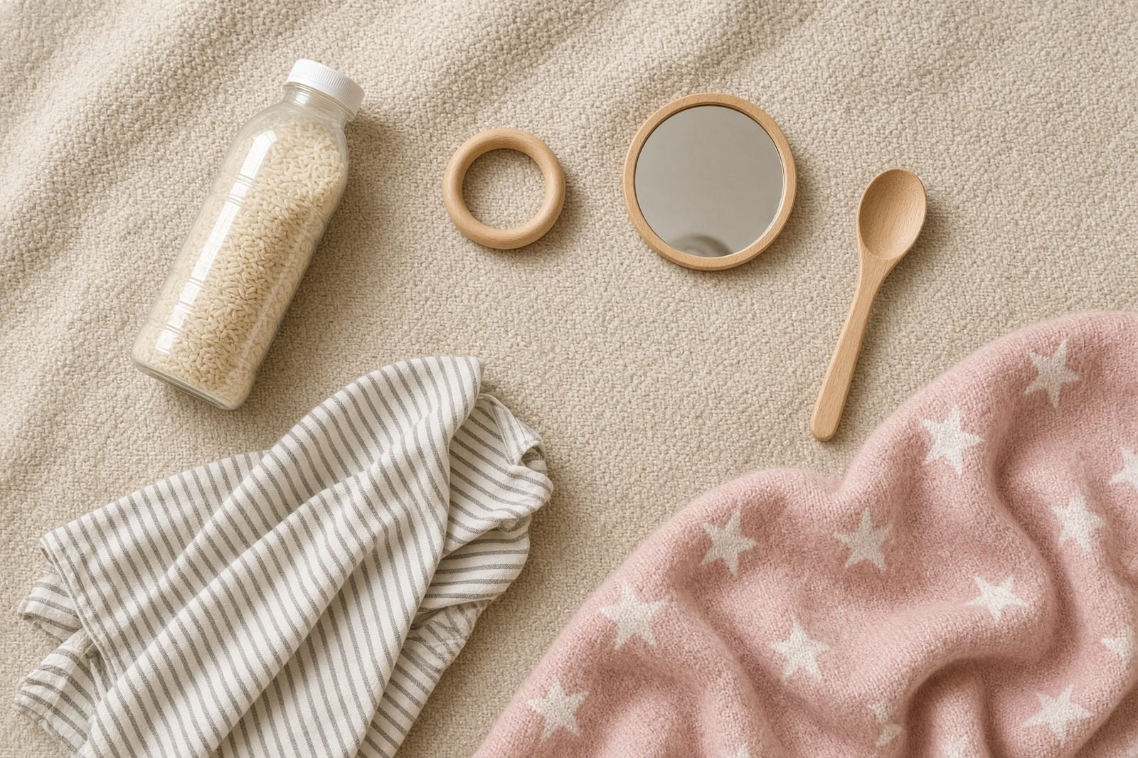 Bouteille sensorielle remplie de riz, anneau en bois, petit miroir, cuillère en bois et linges posés sur une couverture beige