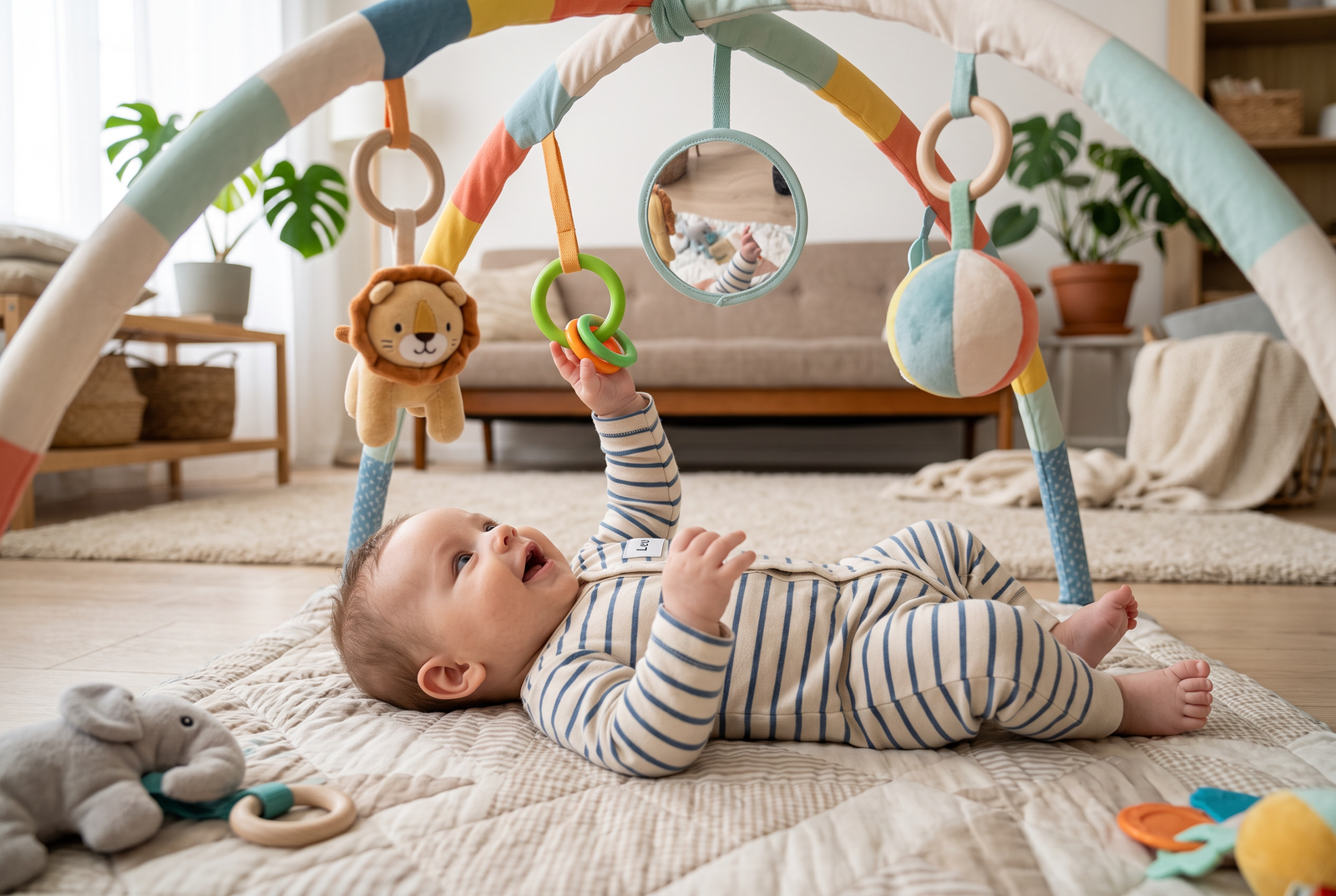 Bébé de 4 mois allongé sous un tapis d'éveil avec arche, touchant un anneau suspendu pour développer sa coordination œil-main