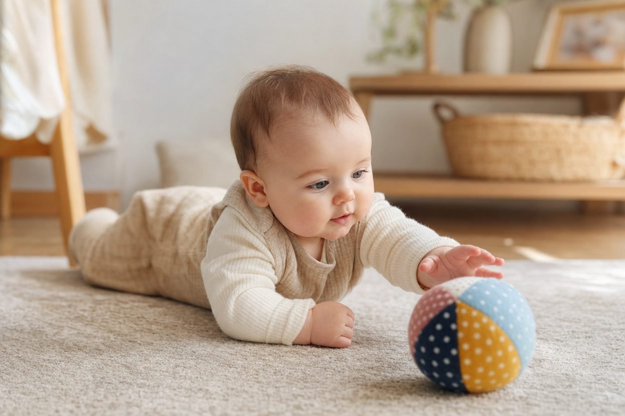 Bébé sur le ventre, en appui sur les avant-bras, qui tend la main vers une balle en tissu colorée posée sur un tapis clair